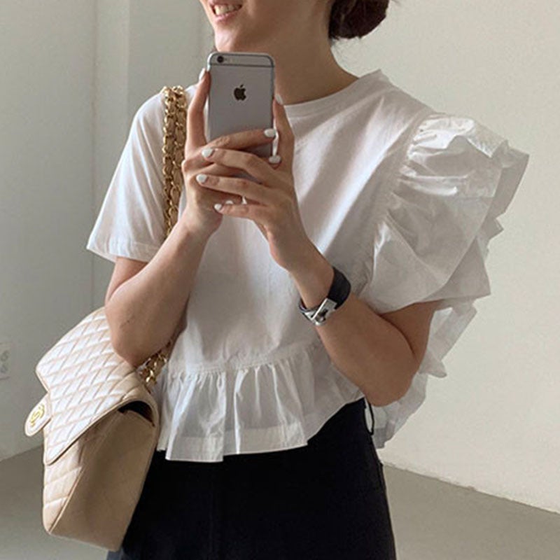 New 2024 Summer Temperament Round Neck Irregular Design Ruffled Stitching Loose Casual Short Sleeve Shirt - Image 4