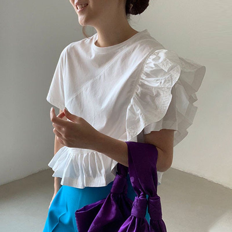 New 2024 Summer Temperament Round Neck Irregular Design Ruffled Stitching Loose Casual Short Sleeve Shirt - Image 3