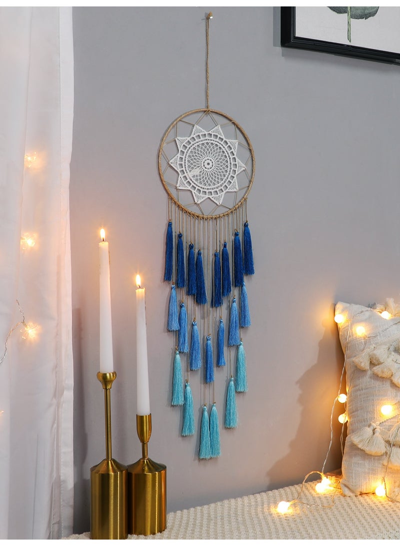 1-Piece Blue Macrame Dreamcatcher Wall Hanging, Handmade Tassel Decor in Gradient Shades, Boho Bedroom & Living Room Ornament - Image 4