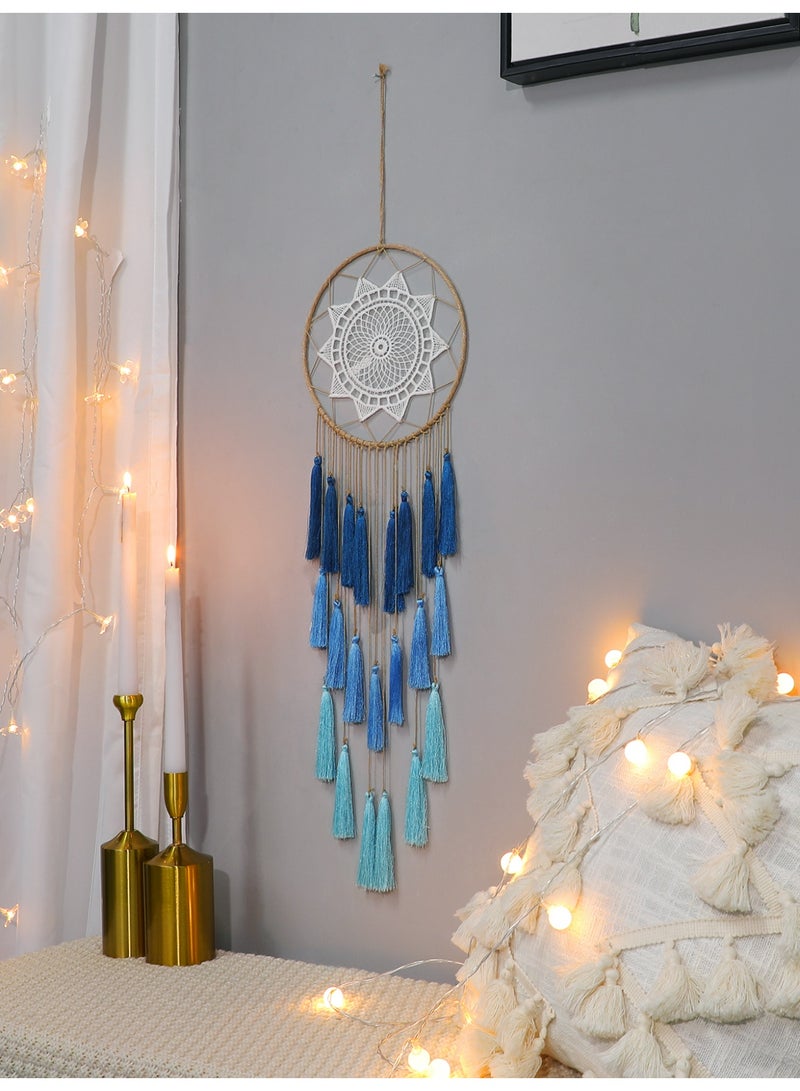1-Piece Blue Macrame Dreamcatcher Wall Hanging, Handmade Tassel Decor in Gradient Shades, Boho Bedroom & Living Room Ornament - Image 1