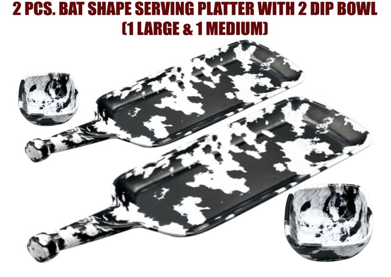 ZIDO 2 Pcs. Multipurpose Bat Shape Platter (1 Large and 1 Medium) with 2 Dip Bowl for All Type of Snacks Like Momos, Spring Roll, Chili Potato, Paneer Tikka, Chaap, Tandoori Items and as Your Wish - Image 2