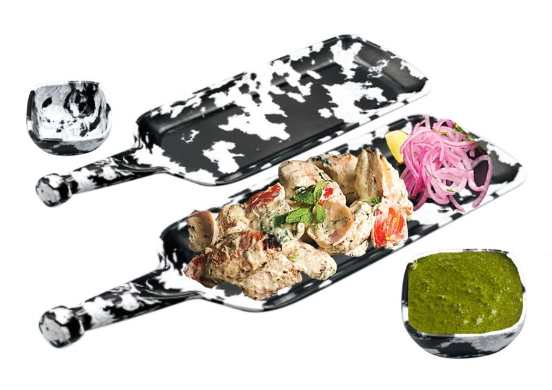 ZIDO 2 Pcs. Multipurpose Bat Shape Platter (1 Large and 1 Medium) with 2 Dip Bowl for All Type of Snacks Like Momos, Spring Roll, Chili Potato, Paneer Tikka, Chaap, Tandoori Items and as Your Wish - Image 1