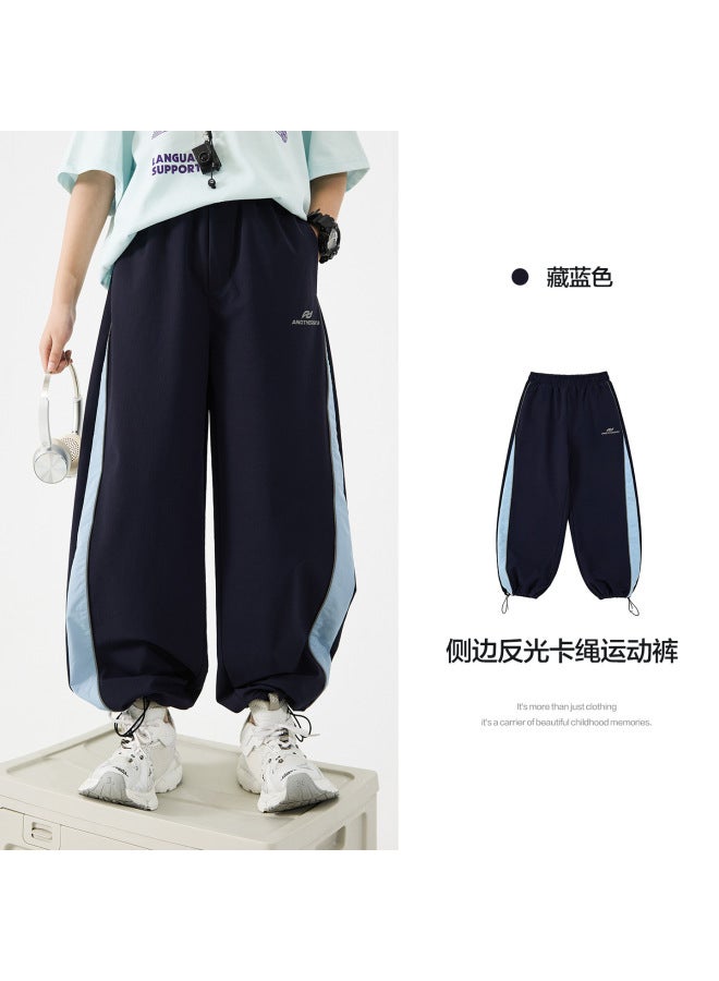 Boys' Summer Color-blocking Sports Reflective Ice Silk Anti-mosquito Pants  New Model For Middle School Students Children's Straight Thin Pants