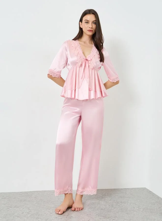 Take Two Pink Bow Detail Lace Trim Top with Pyjama Set
