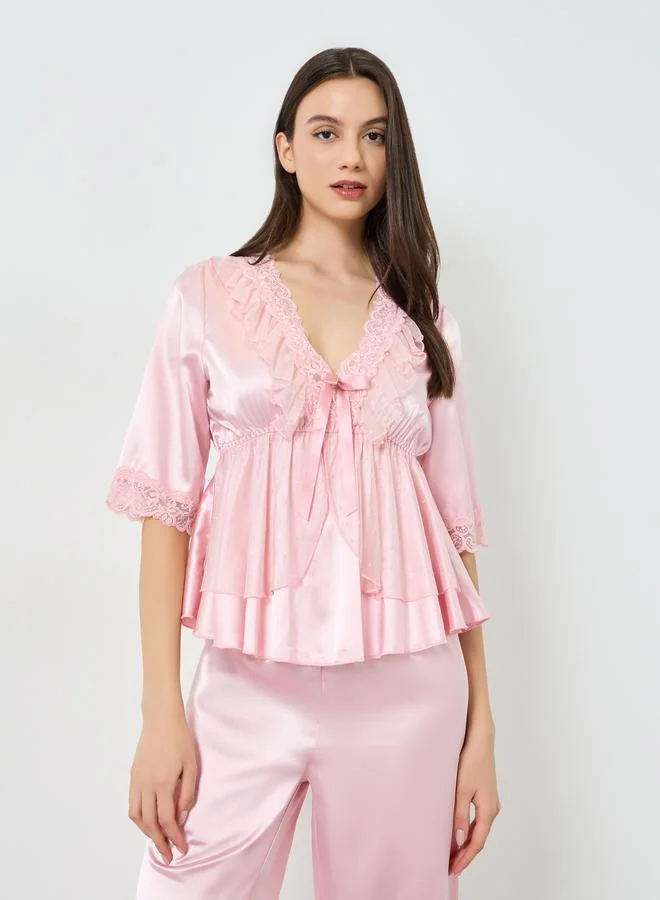 Take Two Pink Bow Detail Lace Trim Top with Pyjama Set