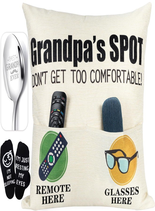 Geefuun Grandpa Fathens Day Gifts:18"x 18" 2-Pocket Grandpa's Pillow Covers & Best Granpa Ever Engraved Spoon & Socks, Father's Birthday Gift for Grandfather Papa (No Fillers) - Image 1