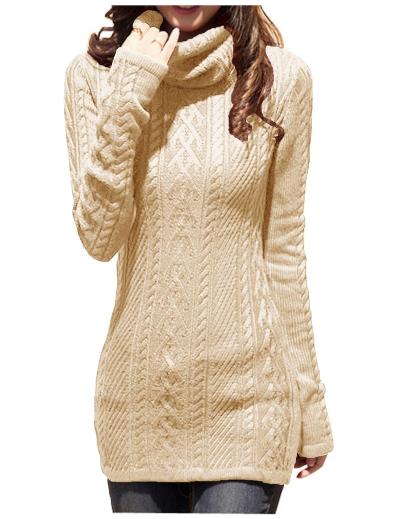 v28 Women Polo Neck Turtleneck Knit Stretchable Elasticity Long Slim Sweater (XS,Beige) - Image 5