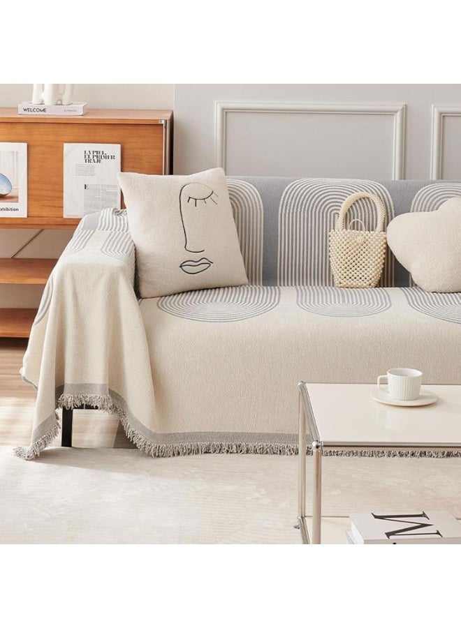 Angola Panda Double Sided Chenille Sofa Cover,Reversible Chenille Sofa Cover,Blanket Couch Cover for Dogs,Multifunctional Sofa ProtectorTowel,Geometric Line Pattern, Non-Slip,with Tassel (Grey, 180*130cm) - Image 2