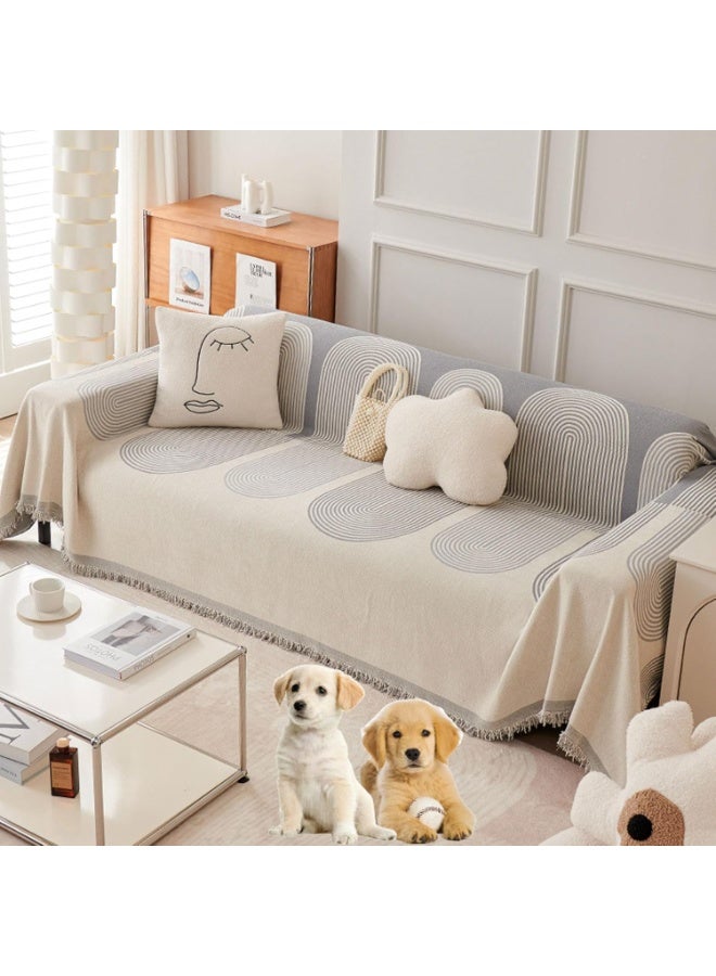 Angola Panda Double Sided Chenille Sofa Cover,Reversible Chenille Sofa Cover,Blanket Couch Cover for Dogs,Multifunctional Sofa ProtectorTowel,Geometric Line Pattern, Non-Slip,with Tassel (Grey, 180*130cm) - Image 1