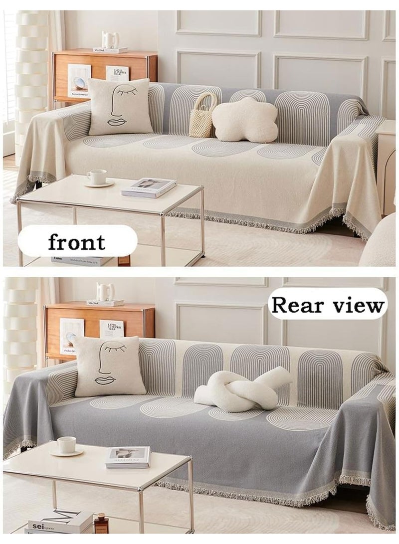 Angola Panda Double Sided Chenille Sofa Cover,Reversible Chenille Sofa Cover,Blanket Couch Cover for Dogs,Multifunctional Sofa ProtectorTowel,Geometric Line Pattern, Non-Slip,with Tassel (Grey, 180*130cm) - Image 5