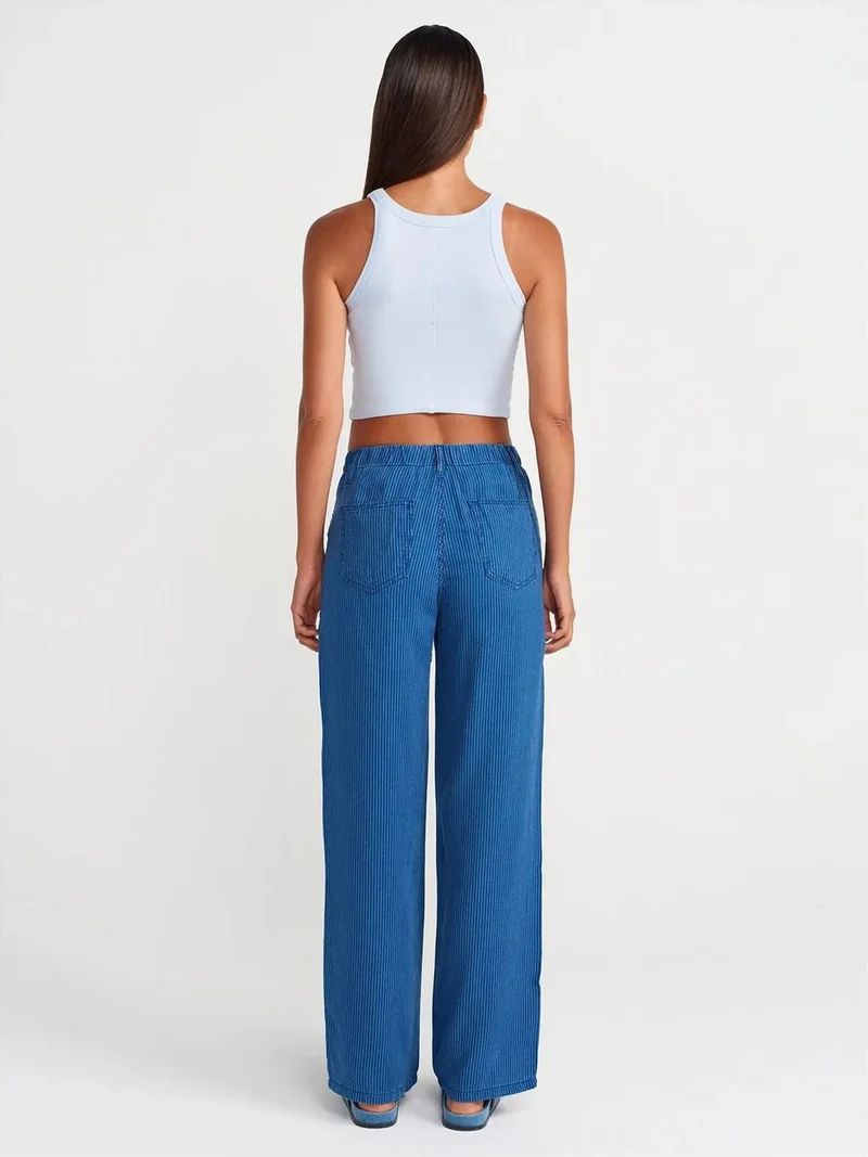 ديلفين Dilvin Mid-Waist Wide-Leg Striped Tencel Jeans