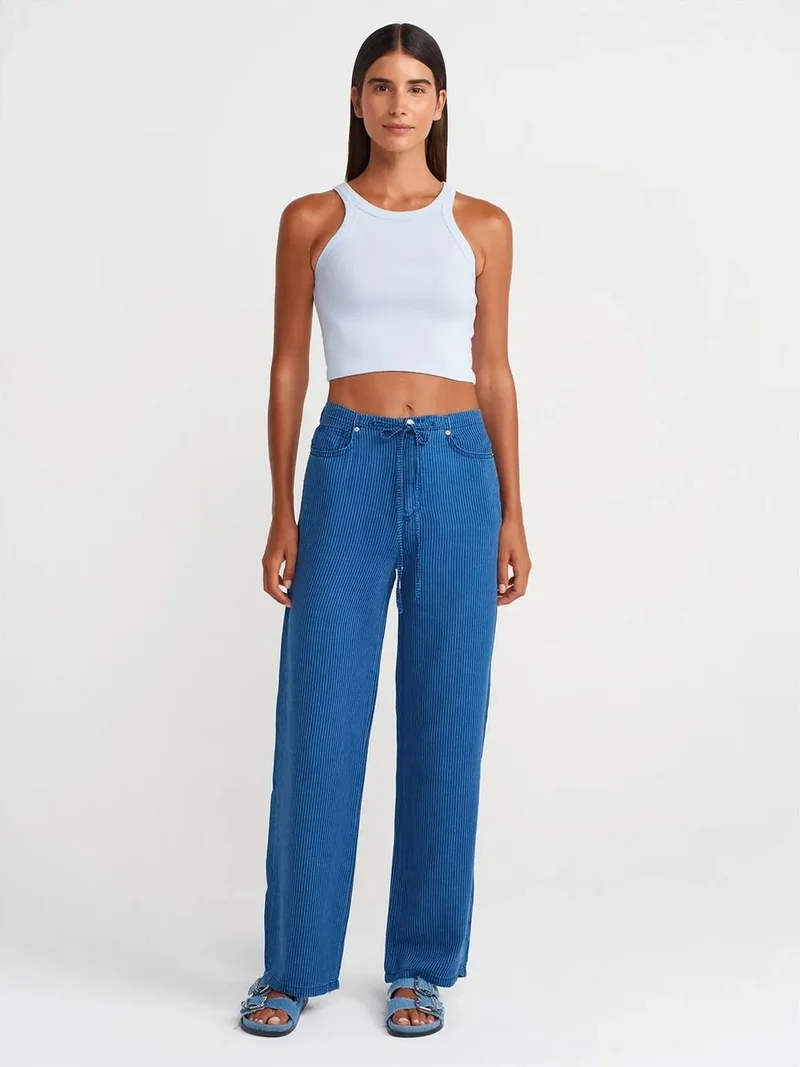 ديلفين Dilvin Mid-Waist Wide-Leg Striped Tencel Jeans