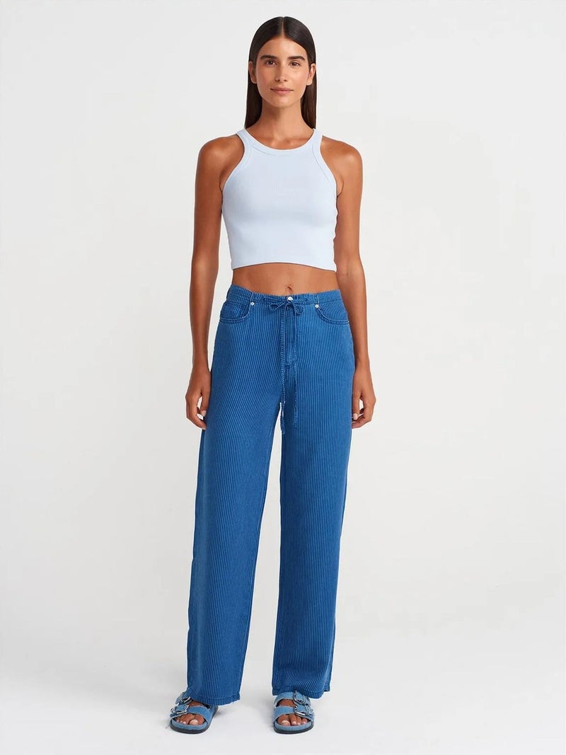 DILVIN Mid-Waist Wide-Leg Striped Tencel Jeans - Image 1