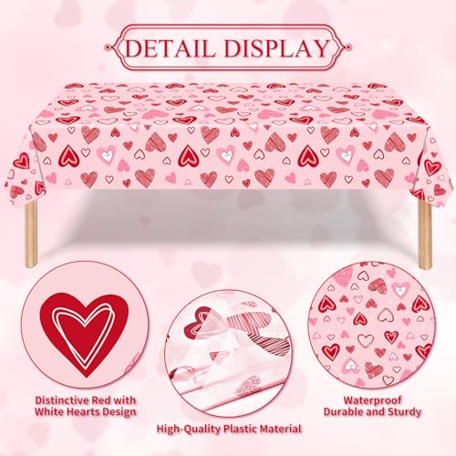 SpinLaLa 3-Pack 54 x 108 Inch Valentine's Day Plastic Tablecloth - Pink with Assorted Heart Designs, Disposable Romantic Love Themed Rectangle Table Cloth for Indoor Outdoor Table Cover Decorations - Image 3
