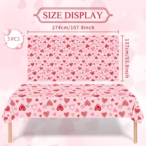 SpinLaLa 3-Pack 54 x 108 Inch Valentine's Day Plastic Tablecloth - Pink with Assorted Heart Designs, Disposable Romantic Love Themed Rectangle Table Cloth for Indoor Outdoor Table Cover Decorations - Image 2
