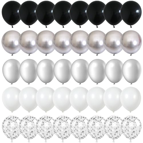 Govpy Black and Silver Balloons, 60 Packs 12 Inch Chrome Metallic Silver Balloons and Confetti Balloons, Black White Silver Balloon for Wedding Engagement Birthday Halloween Decorations - Image 1