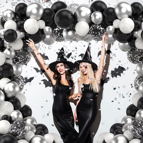 Govpy Black and Silver Balloons, 60 Packs 12 Inch Chrome Metallic Silver Balloons and Confetti Balloons, Black White Silver Balloon for Wedding Engagement Birthday Halloween Decorations - Image 4