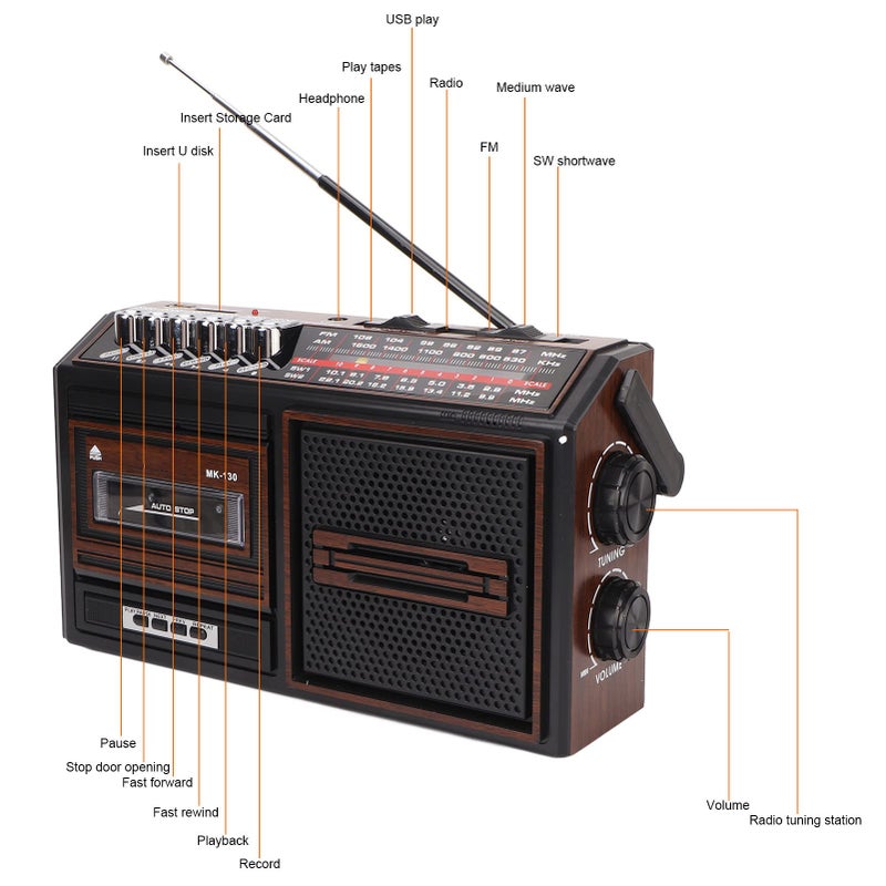 Vbestlife مشغل كاسيت محمول، مشغل شريط قديم كامل النطاق راديو AM FM بدون ضوضاء لكبار السن والأطفال، مع مدخل سماعة، مدخل بطاقة ذاكرة USB، مسجل (لون بني)  - Image 5