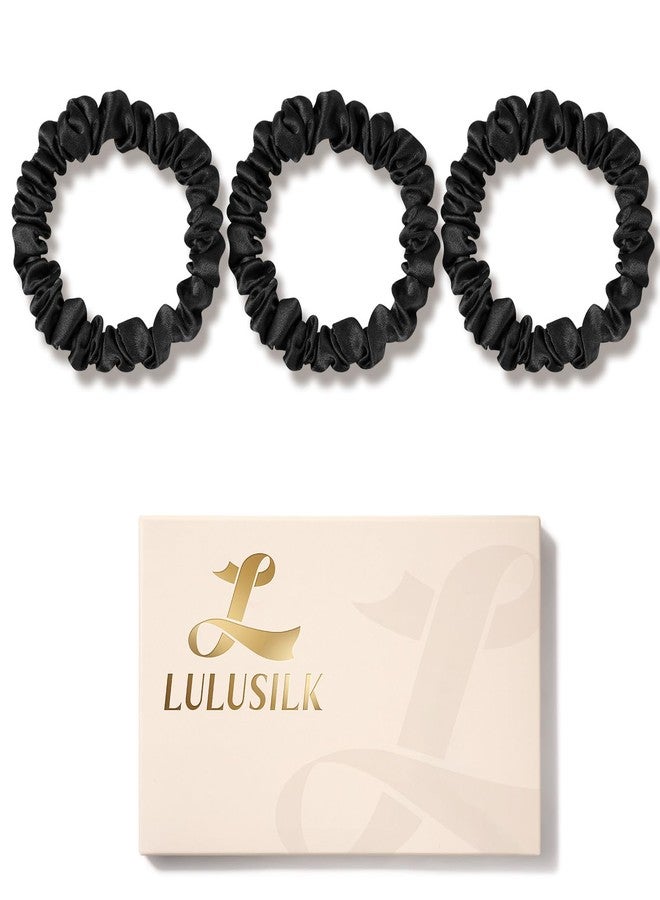 LULUSILK Small Silk Hair Ties No Damage, 100% Real Mulberry Silk, Skinny Scrunchies Ponytail Holders for Thin Fine Hair, Black, Pack of 3 - Image 1