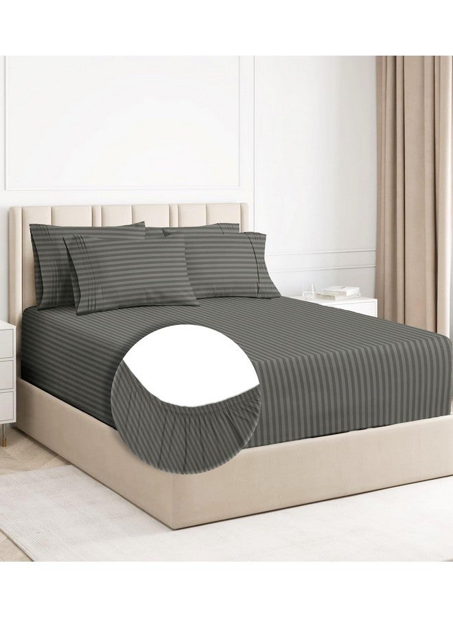 BSB HOME BSB HOME Premium Cotton 220tc Elastic Fitted Bedsheets with 2 Pillow Covers | King Size Bed with All Around Elastic 220 TC Supersoft Striped Pattren Breathable |Size-78 x72+10 inches |Grey  - Image 1