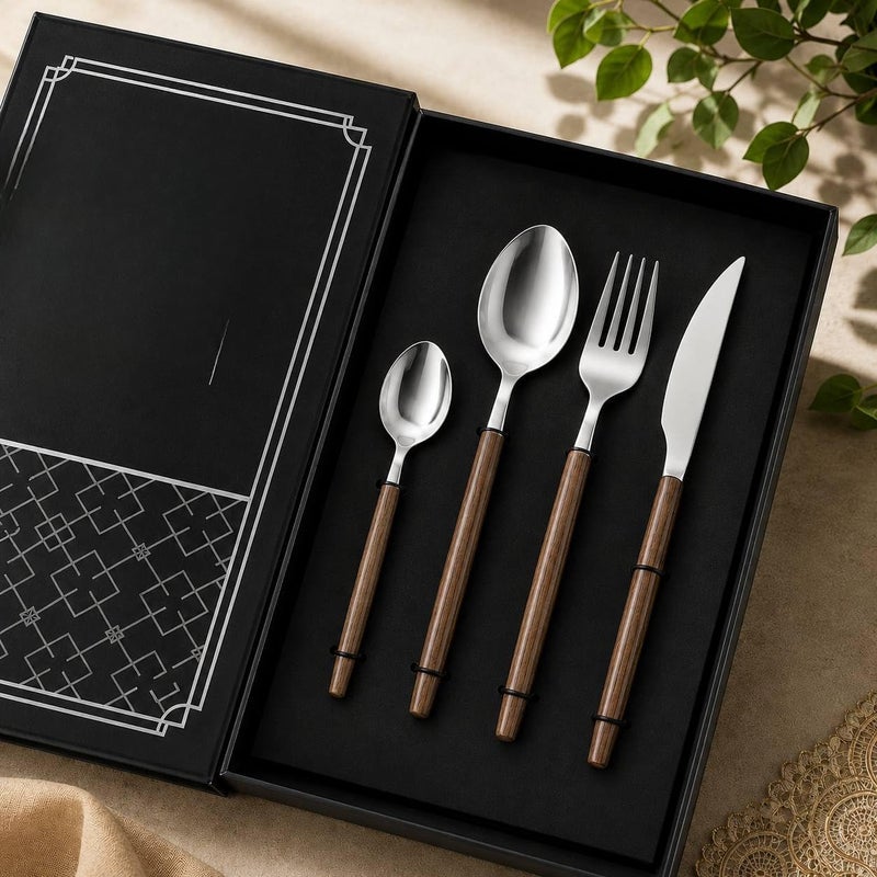 Modern 24-Piece Flatware Set with Streamlined Wooden Handles and Metal Construction for Hospitality (Silver)