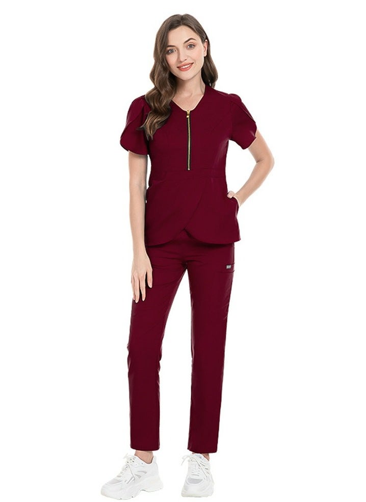 Loquat Womens Slim Fit Medical Uniform Scrubs 2 Piece Set V-Neck Zipper Top and Elastic Waist Pants Suit Wine Red  - Image 1