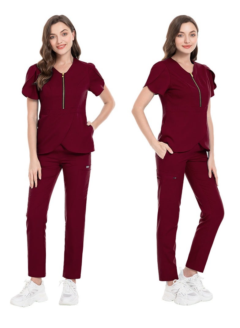 Loquat Womens Slim Fit Medical Uniform Scrubs 2 Piece Set V-Neck Zipper Top and Elastic Waist Pants Suit Wine Red  - Image 2