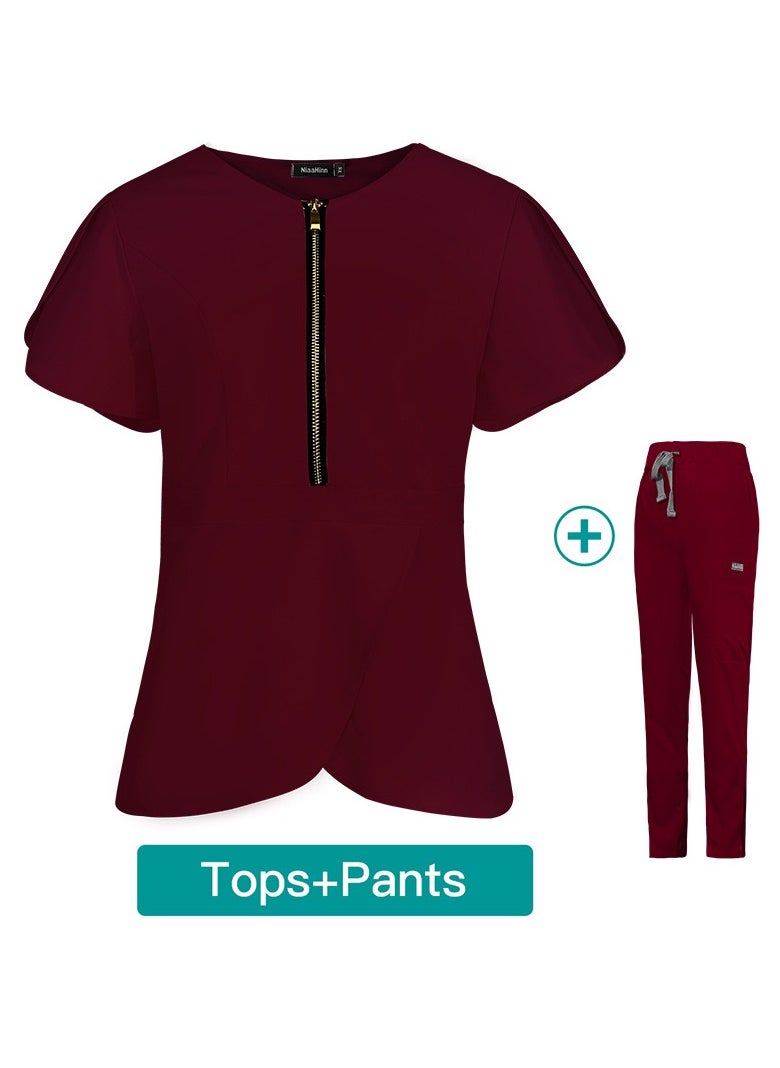 Loquat Womens Slim Fit Medical Uniform Scrubs 2 Piece Set V-Neck Zipper Top and Elastic Waist Pants Suit Wine Red  - Image 3