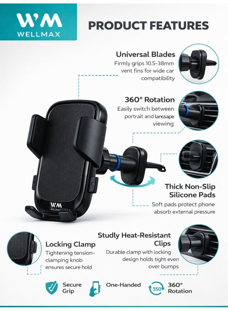 WELLMAX WM Car Mobile Phone Holder Stand Adjustable Dashboard Mount Universal 360 Rotation Phone Holder for Navigation Hands Free Driving Smartphone WMAX HOLDER60 - Image 4