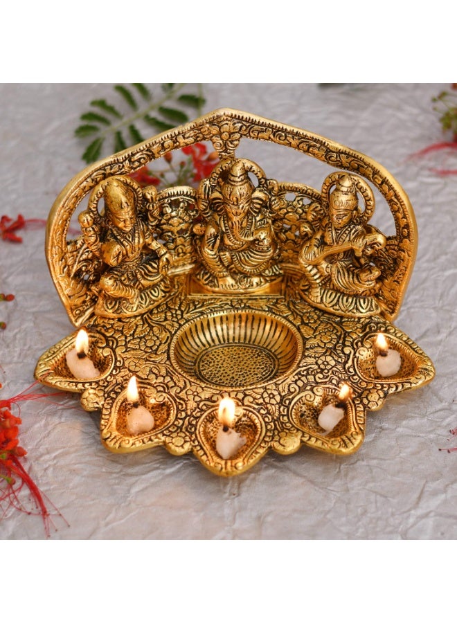 Collectible India Laxmi Ganesh Saraswati Idol Diya Oil Lamp Deepak - Metal Lakshmi Ganesha Showpiece Statue - Traditional Diya for Diwali Puja (8.5 x 5.1 x 4.7, 1 Count) - Image 1