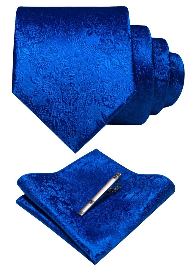 JEMYGINS Silk Royal Blue Floral Tie Necktie and Pocket Square, Hankerchief and Tie Bar Clip Sets for Men(31) - Image 1