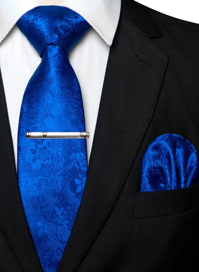 JEMYGINS Silk Royal Blue Floral Tie Necktie and Pocket Square, Hankerchief and Tie Bar Clip Sets for Men(31) - Image 2