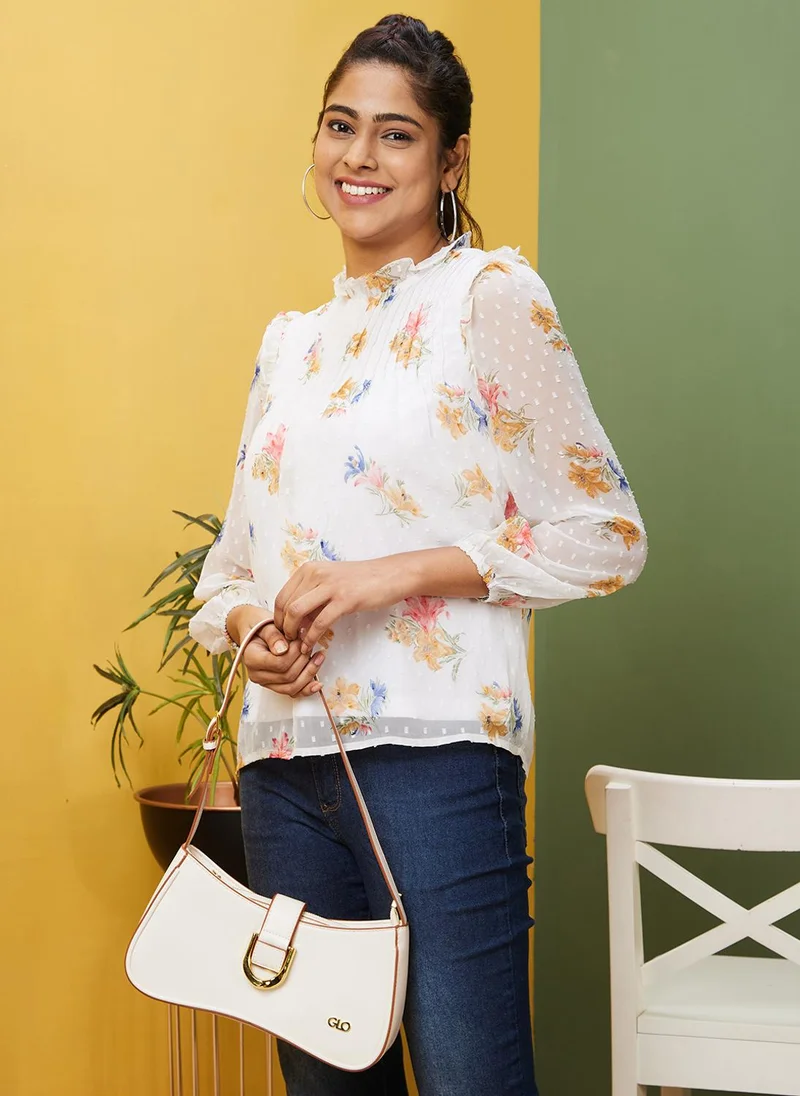 globus Globus Women White Floral Printed High Neck Pleated Georgette Top