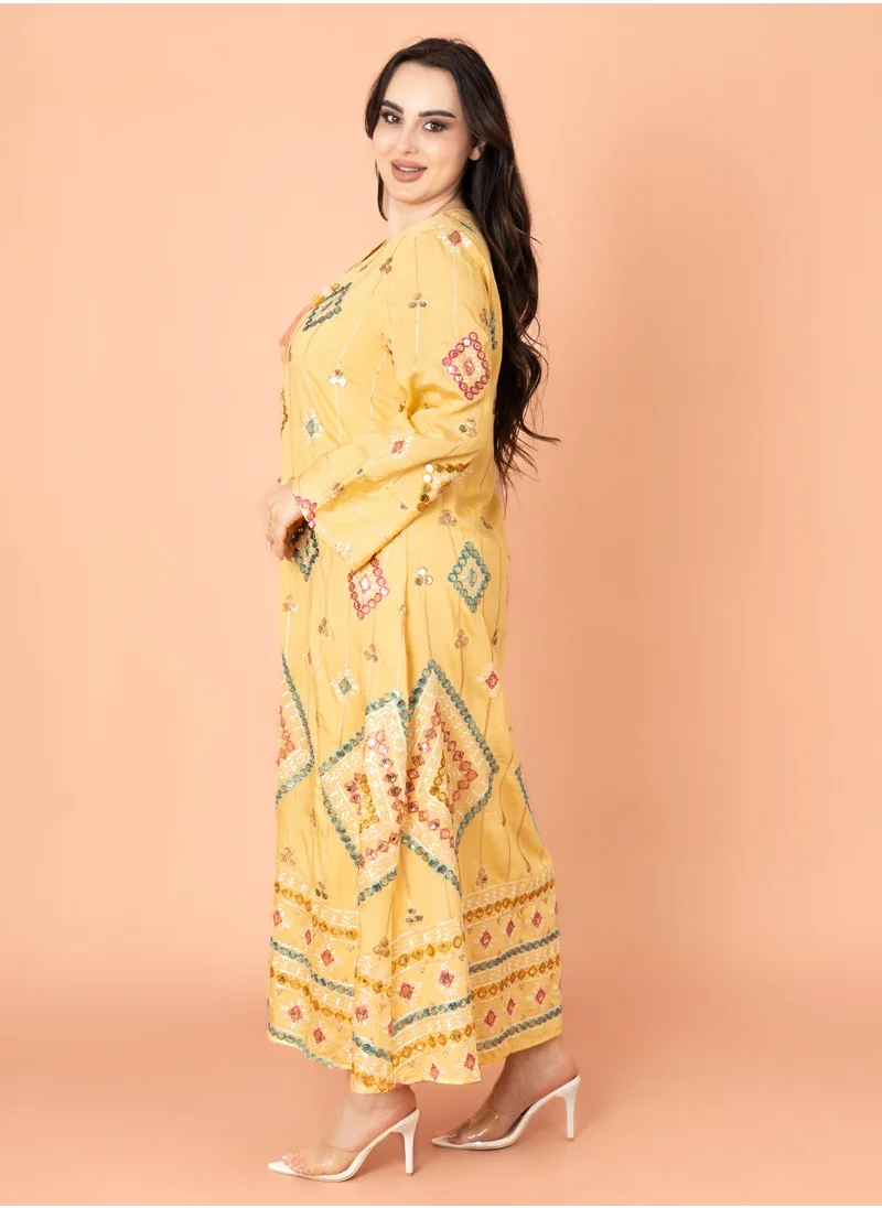 IKKXA Geometric Patterns Sparkled Jalabiya IK2016 Yellow
