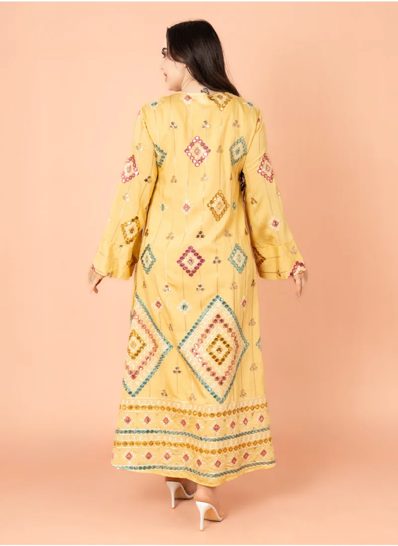IKKXA Geometric Patterns Sparkled Jalabiya IK2016 Yellow