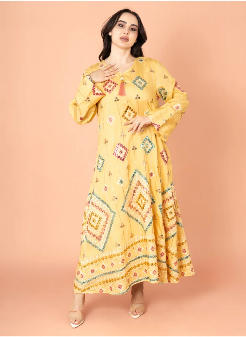 IKKXA Geometric Patterns Sparkled Jalabiya IK2016 Yellow