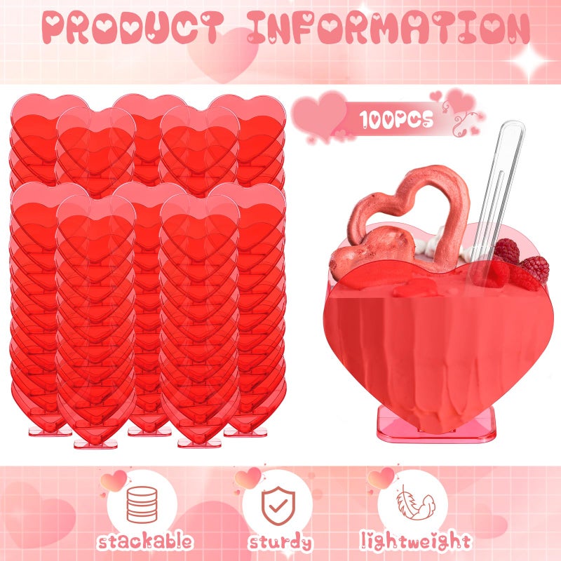 Ziliny Mini Heart Shaped Dessert Cups with Spoons 2.7 oz Valentine Day Plastic Appetizer Cup Clear Disposable Reusable Heart Shaped Bowl for Valentine Wedding Party Cakes Ice Cream(Red,100 Set) - Image 3