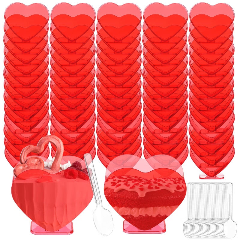 Ziliny Mini Heart Shaped Dessert Cups with Spoons 2.7 oz Valentine Day Plastic Appetizer Cup Clear Disposable Reusable Heart Shaped Bowl for Valentine Wedding Party Cakes Ice Cream(Red,100 Set) - Image 1