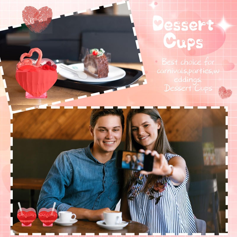 Ziliny Mini Heart Shaped Dessert Cups with Spoons 2.7 oz Valentine Day Plastic Appetizer Cup Clear Disposable Reusable Heart Shaped Bowl for Valentine Wedding Party Cakes Ice Cream(Red,100 Set) - Image 4