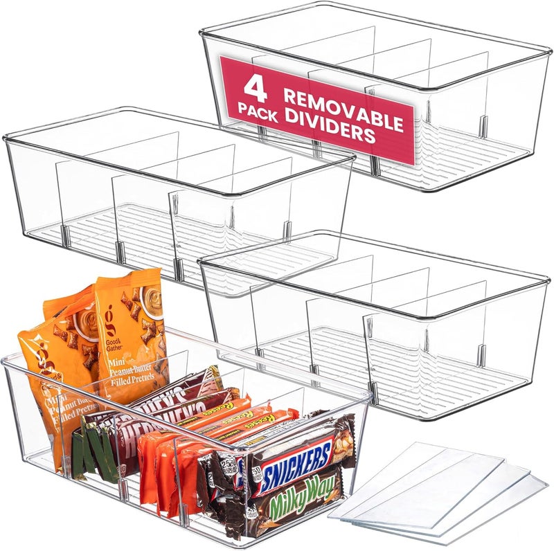 Oizeir Clear Pantry Organizer Bins (4PK) - Fridge Organizer with 3 Removable Dividers - Kitchen Pantry Organizers & Storage - Refrigerator Organizer, Storage Cabinet Snack Organizer, Freezer Organizer - Image 1