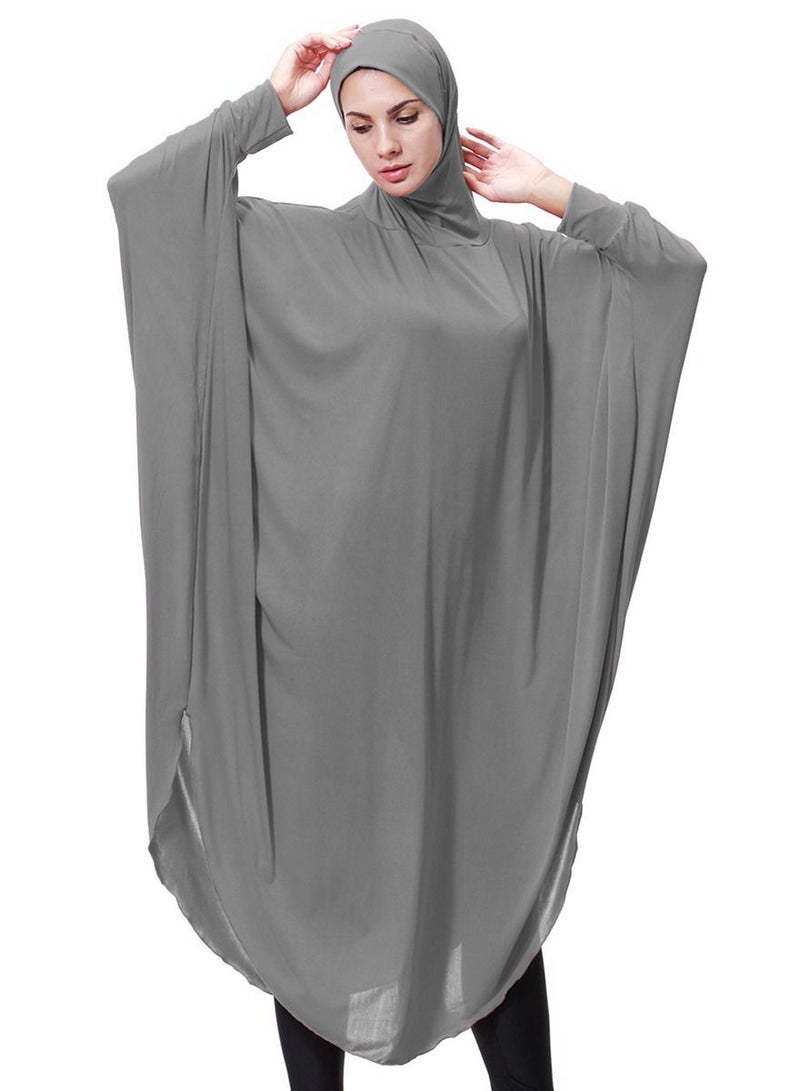 إسكدنيا Women's Solid Color Abaya Long Sleeves Cape Thobe With Hijab Grey