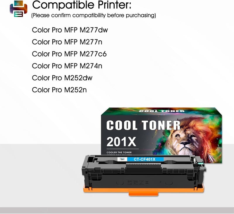 كول تونر خرطوشة حبر بديلة متوافقة مع لـ HP 201X 201A CF400X CF400A Color Pro MFP M277dw M252dw M277c6 M277n M252n M277 M252 (أسود، سماوي، أصفر، أرجواني، 4 عبوات) - Image 2
