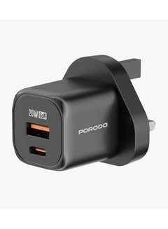 porodo PD 20W UK Fast Dual Port Wall Charger With USB-C to USB-C Cable/ 18W QC/ Power Output 20W/ Over-Heat Protection/ Universal Compatibility - Black  - Image 2