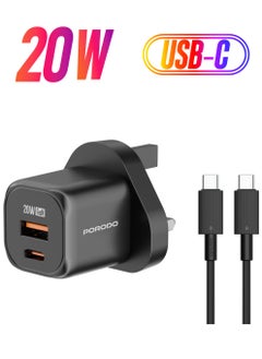 porodo PD 20W UK Fast Dual Port Wall Charger With USB-C to USB-C Cable/ 18W QC/ Power Output 20W/ Over-Heat Protection/ Universal Compatibility - Black  - Image 1
