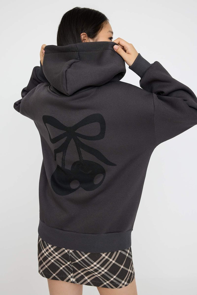 trendyol Anthracite Oversize/Wide Fit Cherry Back Printed Thick Fleece Inside Knitted Sweatshirt - Image 2