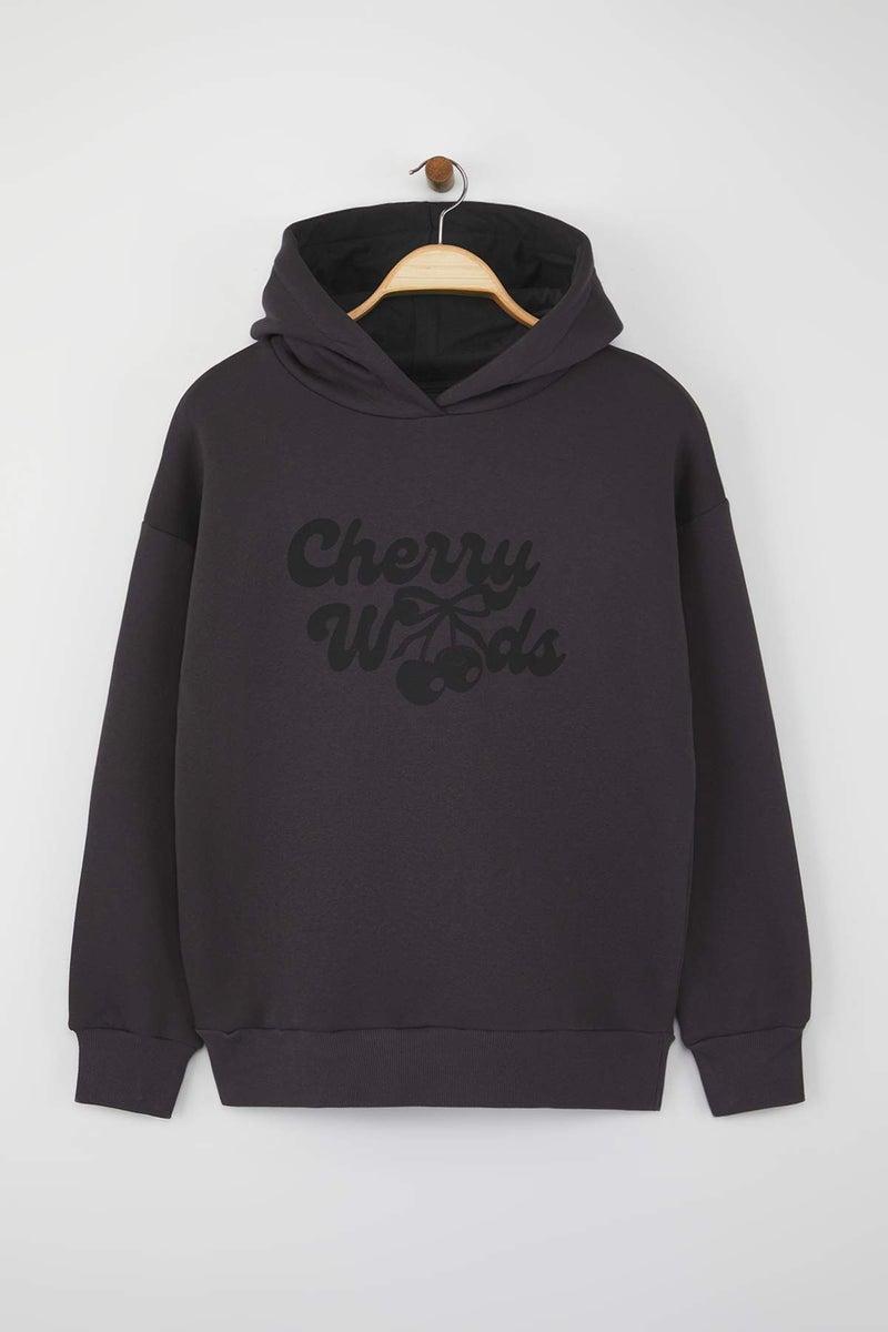 trendyol Anthracite Oversize/Wide Fit Cherry Back Printed Thick Fleece Inside Knitted Sweatshirt - Image 5