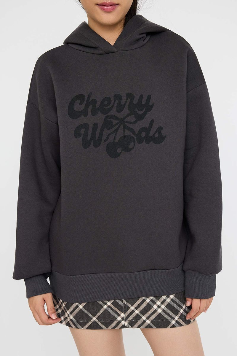 trendyol Anthracite Oversize/Wide Fit Cherry Back Printed Thick Fleece Inside Knitted Sweatshirt - Image 3