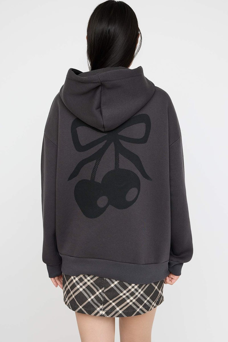 trendyol Anthracite Oversize/Wide Fit Cherry Back Printed Thick Fleece Inside Knitted Sweatshirt - Image 4
