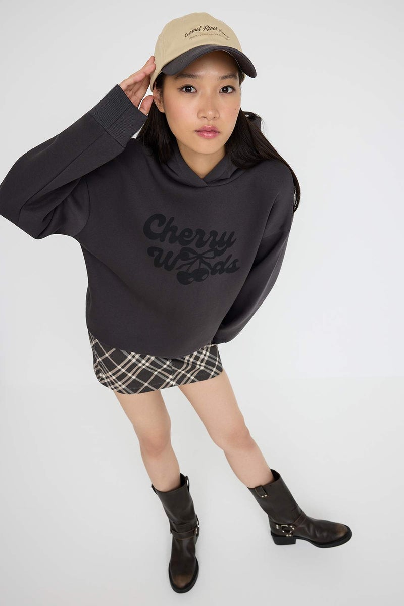 trendyol Anthracite Oversize/Wide Fit Cherry Back Printed Thick Fleece Inside Knitted Sweatshirt - Image 1
