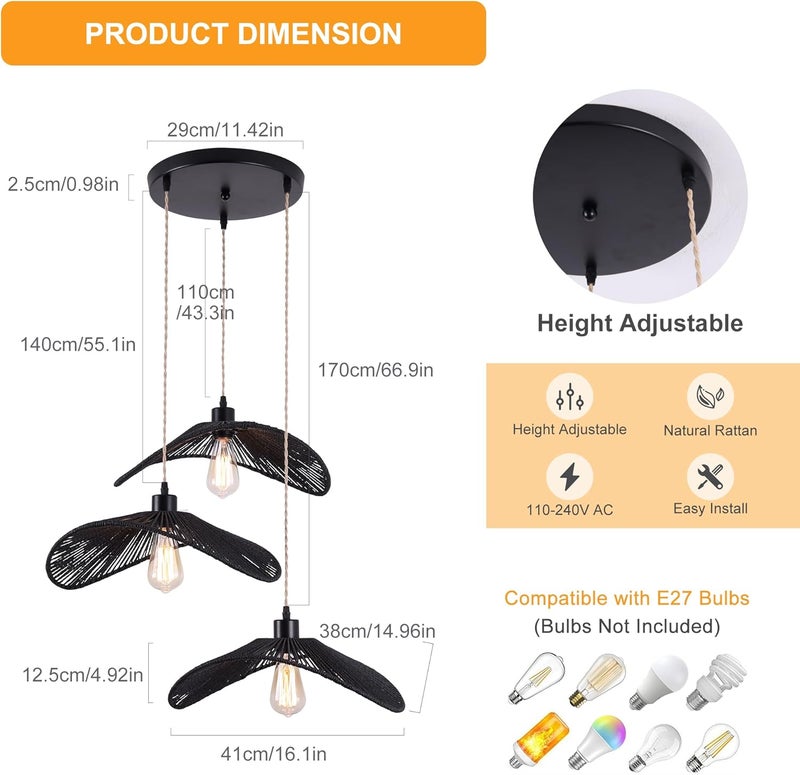 Garwarm Rattan Pendant Light Boho Hanging Light, 3-Lights Handmade Pendant Light Fixture Adjustable Farmhouse 3 Shade Chandelier for Living Room Dining Room Kitchen Bar coffee Foyer Hallway 41cm - Image 4
